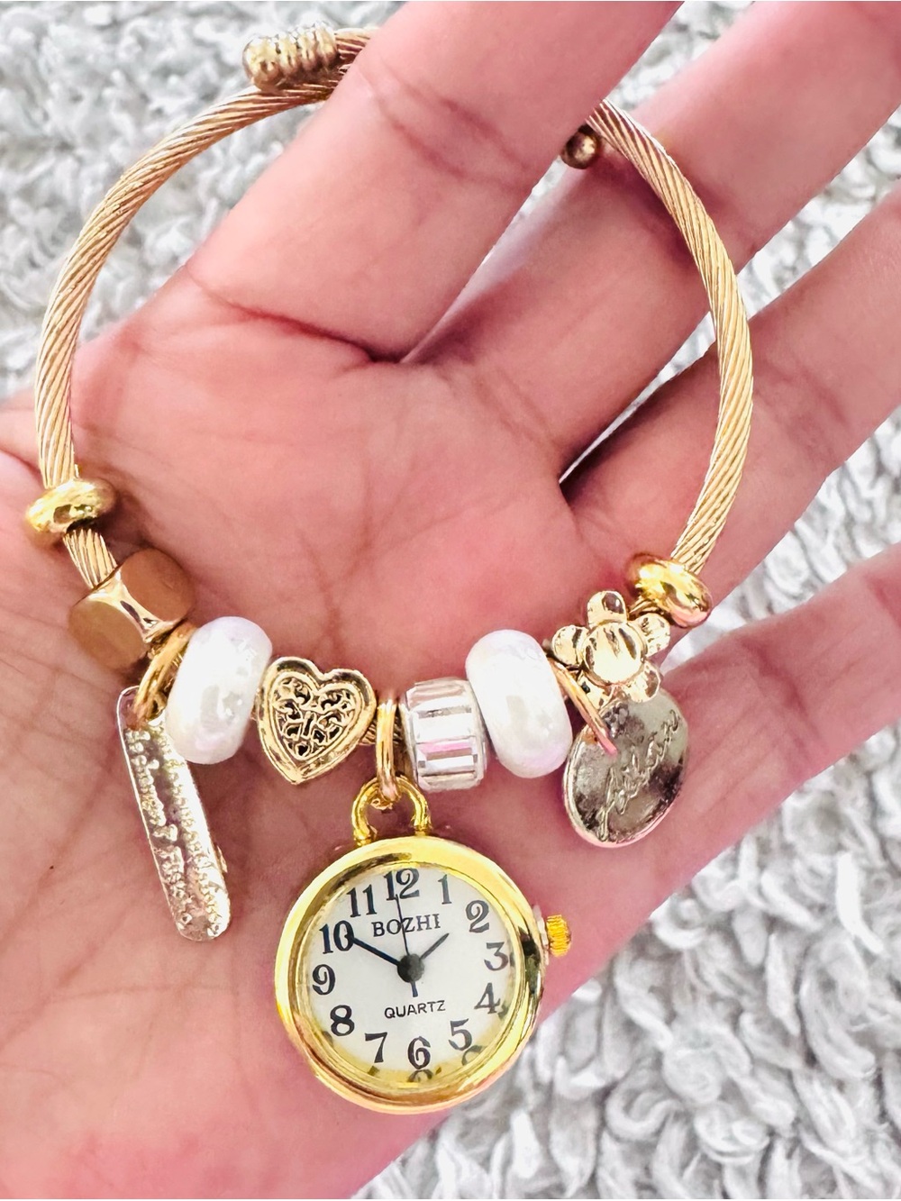 14K Gold Plated Charm Bracelet Watch with White Beads. New
